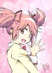  1girl :d close-up commentary_request eyebrows_visible_through_hair floating_hair from_side gradient gradient_background hair_between_eyes hair_ribbon hand_up happy highres juliet_sleeves kaname_madoka long_sleeves looking_at_viewer looking_back mahou_shoujo_madoka_magica mitakihara_school_uniform open_mouth pink_background pink_eyes pink_hair puffy_sleeves red_ribbon ribbon school_uniform shaded_face short_twintails sidelocks signature simple_background smile solo sparkle sparkle_background taniguchi_jun&#039;ichirou twintails uniform upper_body waving 