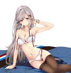  1girl arm_support armpits azur_lane bangs black_legwear blue_butterfly bra breasts butterfly_hair_ornament collarbone commentary_request dunkerque_(azur_lane) full_body grey_hair hair_ornament long_hair looking_at_viewer medium_breasts midriff navel panties pink_eyes rizzl serious sidelocks sitting solo swept_bangs thigh-highs thighs underwear underwear_only very_long_hair white_bra white_panties yokozuwari 