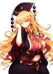  1girl black_dress black_headwear blonde_hair breasts dress earrings eyelashes fingernails floral_print highres jewelry junko_(touhou) large_breasts long_fingernails long_hair long_sleeves looking_at_viewer one_eye_closed parted_lips pointy_ears raptor7 red_eyes simple_background solo tabard tassel touhou wavy_hair white_background wide_sleeves 