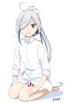  /\/\/\ 1girl ahoge alternate_costume asashimo_(kantai_collection) commentary_request dress_shirt full_body grey_eyes hair_over_one_eye kantai_collection lap_pillow_invitation long_hair long_sleeves looking_at_viewer moti_coi ponytail sharp_teeth shirt silver_hair simple_background sitting solo teeth wariza white_background white_shirt 