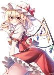  1girl absurdres artist_name ascot bangs blonde_hair blush bow commentary crystal eyebrows_visible_through_hair flandre_scarlet food frilled_shirt_collar frills fruit hair_between_eyes hand_up hat hat_bow highres holding holding_food leaning_forward long_hair looking_at_viewer midriff_peek miniskirt mob_cap nail_polish one_side_up plate pointy_ears pudding_(skymint_028) puffy_short_sleeves puffy_sleeves red_bow red_eyes red_nails red_skirt red_vest shirt short_sleeves signature simple_background skirt skirt_set smile solo strawberry strawberry_shortcake thighs touhou vest white_background white_headwear white_shirt wings yellow_neckwear 