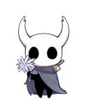  1other cloak commentary flower full_body grey_cloak holding holding_flower hollow_eyes hollow_knight horns knight_(hollow_knight) looking_at_viewer lowres no_humans simple_background solo standing ugly_cat weapon white_background white_flower 