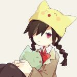  ^_^ ^o^ animal_hat black_hair bow bowtie braid cat cat_hat closed_eyes closed_mouth defect_mogeko green_cat grey_jacket hat hug iovebly jacket kurai_yonaka long_hair looking_at_viewer lord_prosciutto lowres mogeko_(mogeko_castle) mogeko_castle mogekov_hashasky one_eye_covered red_eyes red_neckwear school_uniform simple_background sitting twin_braids upper_body white_background yellow_headwear 