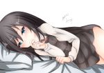  1girl asashio_(kantai_collection) bangs bed_sheet black_dress black_hair blue_eyes blush collared_shirt commentary_request covered_mouth dakkusu dated dress eyebrows_visible_through_hair hair_between_eyes hand_up kantai_collection long_sleeves looking_at_viewer lying on_side pillow pinafore_dress pleated_dress remodel_(kantai_collection) sheet_grab shirt signature sleeveless sleeveless_dress solo white_background white_shirt 