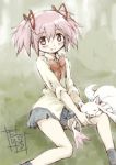  1girl bare_legs black_legwear black_skirt blush closed_mouth collared_shirt commentary_request creature dot_nose eyebrows_visible_through_hair feet_out_of_frame flat_chest gradient gradient_background grey_background hair_between_eyes hair_ribbon hands_on_own_leg happy kaname_madoka kyubey long_sleeves looking_at_viewer mahou_shoujo_madoka_magica neck_ribbon pink_eyes pink_hair red_ribbon ribbon school_uniform shiny shiny_hair shirt short_twintails sidelocks signature simple_background sitting skirt sleeping sleeping_on_person smile socks solo spread_legs taniguchi_jun&#039;ichirou thighs twintails uniform 