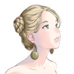  1girl azurcentauri bare_shoulders blonde_hair commentary_request earrings green_eyes highres jewelry lips original parted_lips simple_background solo white_background 