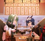  2girls arknights blue_hair bowl cafe ch&#039;en_(arknights) chinese_text chopsticks commentary_request cup dragon_horns drinking_glass eating fingerless_gloves food gloves green_hair highres horns hoshiguma_(arknights) multiple_girls noodles oni_horns plate pointing pointy_ears sandwich scabbard sheath sword table tea ting_(machi_nakahara) translation_request weapon 