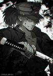  1boy artist_name asymmetrical_bangs bangs blood blood_on_face collar fate/grand_order fate_(series) hat holding holding_sword holding_weapon katana long_hair long_sleeves looking_at_viewer male_focus meiji_ken monochrome okada_izou_(fate) open_clothes parted_lips peaked_cap ponytail smile solo standing star sword weapon 