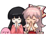  2girls black_hair bow chibi closed_eyes cowboy_shot eyebrows_visible_through_hair fujiwara_no_mokou hair_between_eyes hair_bow hands_together hime_cut houraisan_kaguya kirby kirby_(series) long_hair long_sleeves lowres multiple_girls pink_shirt praying shangguan_feiying shirt suspenders touhou white_background white_hair white_shirt wide_sleeves 