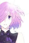  1girl absurdres fate/grand_order fate_(series) floating_hair gloves hair_over_one_eye highres looking_at_viewer mash_kyrielight open_mouth pink_hair portrait shiny shiny_hair short_hair solo switchi violet_eyes white_background 
