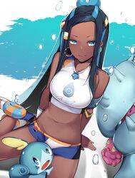  1girl armlet belly_chain black_hair blue_eyes blue_hair breasts collarbone commentary_request dark_skin earrings gloves gym_leader hair_bun highres hoop_earrings jewelry long_hair looking_at_viewer multicolored_hair navel necklace pokemon pokemon_(creature) pokemon_(game) pokemon_swsh rurina_(pokemon) sha_(amfil100) single_glove sitting smile sobble swimsuit two-tone_hair 