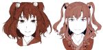  hair_bobbles hair_ornament hi_you_(flying_bear) highres looking_at_viewer medium_hair monochrome onozuka_komachi red_theme revision simple_background smile touhou two_side_up white_background 