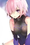  1girl :d black_leotard blue_background breasts breasts_apart detached_sleeves fate/grand_order fate_(series) hair_over_one_eye leotard long_sleeves looking_at_viewer manyako_(mohumohu) mash_kyrielight medium_breasts open_mouth pink_hair shiny shiny_hair short_hair sitting smile solo two-tone_background violet_eyes white_background 