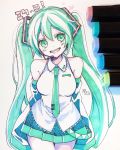  1girl :d bare_shoulders blue_skirt blue_sleeves blush breasts collared_shirt commentary_request cowboy_shot detached_sleeves green_eyes green_hair grey_background hair_ornament hatsune_miku head_tilt headset highres long_hair long_sleeves medium_breasts open_mouth photo pleated_skirt shirt skirt sleeveless sleeveless_shirt smile sofra solo traditional_media translated twintails upper_teeth very_long_hair vocaloid white_shirt 