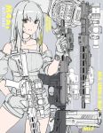  1girl absurdres assault_rifle bare_shoulders blonde_hair breasts choker collarbone commentary detached_sleeves girls_frontline gloves grey_background greyscale grin gun hair_between_eyes highres holding holding_weapon holding_wrench m4_carbine m4a1_(girls_frontline) medium_breasts medium_hair minata_(axl19941120) monochrome multicolored_hair rifle scope shiny shiny_hair shorts smile solo spot_color streaked_hair upper_body watch watch weapon wrench yellow_eyes 