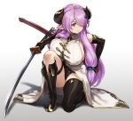  1girl breast_press breasts covered_nipples demon_horns draph elbow_gloves fighting_stance gloves granblue_fantasy hair_over_one_eye highres holding holding_sword holding_weapon horns houtengeki huge_breasts lavender_hair narmaya_(granblue_fantasy) pointy_ears sheath squatting sword thigh_strap thighs violet_eyes weapon 