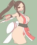  1girl :d back_bow bangs bare_shoulders black_sash blush bow breasts brown_eyes brown_hair cropped_legs fan fatal_fury folding_fan from_side green_background highleg highleg_leotard holding holding_fan large_breasts leotard looking_at_viewer looking_to_the_side no_nose one_eye_closed open_mouth parted_bangs pelvic_curtain ponytail red_leotard sash shiranui_mai sidelocks simple_background smile solo sumiyao_(amam) the_king_of_fighters wristband 