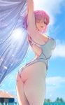  1girl armpits arms_up ass bangs blue_sky blurry blurry_background breasts clouds cloudy_sky day eyebrows_visible_through_hair fate/grand_order fate_(series) from_behind hair_over_one_eye happymonk highleg highleg_swimsuit highres holding looking_at_viewer looking_back mash_kyrielight medium_breasts one-piece_swimsuit open_mouth outdoors pink_hair shiny shiny_hair short_hair simple_background sky solo sparkle swimsuit thighs violet_eyes 