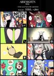  6+girls ? amiya_(arknights) anger_vein angry animal_ears apple_pie arknights bear_ears biting blue_poison_(arknights) bull_horns carrot chaps cosplay cracked demon_horns dinergate_(girls_frontline) doctor_(arknights) energy_wings english_text exusiai_(arknights) feater_(arknights) girls_frontline halo headphones highres hood hoodie horns junsuina_fujunbutsu kill_la_kill koshimizu_ami leopard_ears leopard_tail liskarm_(arknights) long_hair matoi_ryuuko matoi_ryuuko_(cosplay) mayer_(arknights) megaphone multiple_girls pramanix_(arknights) rabbit_ears riot_shield ro635_(dinergate) school_uniform seiyuu_connection self_shot serafuku shining_(arknights) short_hair skadi_(arknights) speech_bubble tail tail_biting texas_(arknights) thighs wolf_ears zima_(arknights) 