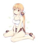  1girl bangs bare_arms bare_shoulders barefoot blonde_hair blush breasts brown_eyes brown_shorts collarbone eyebrows_visible_through_hair full_body hair_between_eyes hair_bobbles hair_ornament hatsunatsu long_hair looking_at_viewer low_twintails medium_breasts midriff navel parted_lips shadow short_shorts shorts sidelocks simple_background sitting solo twintails very_long_hair wariza white_background white_camisole xiaoyuan_(you_can_eat_the_girl) you_can_eat_the_girl 