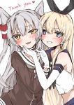  2girls amatsukaze_(kantai_collection) black_hairband black_neckwear blonde_hair blue_eyes blue_sailor_collar blue_skirt brown_dress chigasaki_y commentary_request cowboy_shot crop_top dress elbow_gloves fang gloves grin hair_tubes hairband hand_on_another&#039;s_chin highres kantai_collection long_hair looking_at_viewer microskirt multiple_girls neckerchief sailor_collar sailor_dress shimakaze_(kantai_collection) silver_hair skirt smile two_side_up white_gloves white_sailor_collar windsock 