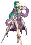  1girl absurdres anklet barefoot bracelet circlet dancer dress ebinku fire_emblem fire_emblem:_three_houses fire_emblem_awakening full_body green_eyes green_hair highres holding holding_sword holding_weapon jewelry long_hair naga_(fire_emblem) parted_lips pointy_ears solo sword weapon 