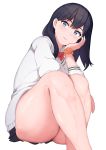  1girl ass bangs black_hair blue_eyes blush bow bowtie head_rest long_hair pleated_skirt school_uniform sikijou77o simple_background skirt smile solo ssss.gridman takarada_rikka thighs white_background 