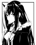  1girl bangs black_background breasts closed_mouth collared_shirt fur-trimmed_hood fur_trim hair_between_eyes headgear highres hood hood_down hooded_jacket jacket long_hair looking_at_viewer medium_breasts monochrome nagishiro_mito open_clothes open_jacket original shirt smile two-tone_background upper_body white_background 