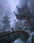  1boy ambiguous_gender architecture armor bare_tree bridge broken broken_bridge commentary_request donkey east_asian_architecture facing_away fantasy fog hat highres marktal mountain original pagoda rice_hat riding scenery sky snow snowing stairs stone tree water_wheel 