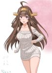  1girl ahoge alternate_costume bare_shoulders beige_sweater brown_hair cowboy_shot double_bun gradient gradient_background highres kantai_collection kongou_(kantai_collection) long_hair looking_at_viewer pink_background ribbed_sweater smile solo standing sweater t2r violet_eyes white_background 