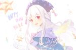  1girl angel_wings bangs blunt_bangs bow candle capelet dress fondant_cake_(food_fantasy) food_fantasy gloves hat long_hair red_eyes sidelocks smile solo star white_hair wings 