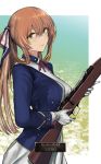  1girl bolt_action character_name commentary girls_frontline gloves green_eyes gun highres kojima_(blue_stardust) light_brown_hair long_hair long_sleeves looking_at_viewer m1903_springfield m1903_springfield_(girls_frontline) military military_uniform neck_ribbon ponytail red_ribbon ribbon rifle uniform weapon white_gloves 