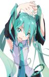  1girl aqua_eyes aqua_hair aqua_nails aqua_neckwear armpits arms_up detached_sleeves hatsune_miku ixy long_hair looking_at_viewer nail_polish necktie open_mouth simple_background solo twintails vocaloid white_background 