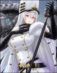  1girl archstreal azur_lane black_gloves breasts coat coat_dress double-breasted fur-trimmed_coat fur_trim gloves hair_between_eyes hat high_collar highres holding_scepter large_breasts long_hair looking_at_viewer military_hat mole mole_under_eye red_eyes silver_hair snowing solo sovetskaya_rossiya_(azur_lane) very_long_hair white_coat white_headwear 