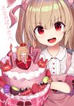 1girl absurdres apron armband brown_hair cake commentary_request food hair_ornament highres loli_king long_hair looking_at_viewer natori_sana open_mouth portrait red_eyes sana_channel solo translation_request virtual_youtuber white_background 