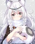  1girl animal_ear_fluff animal_ears arknights bangs black_cape blush braid cape commentary dress eyebrows_visible_through_hair grey_background grey_eyes hair_between_eyes head_chain holding_tail kitsuneco leopard_ears leopard_tail long_hair looking_at_viewer pramanix_(arknights) silver_hair snowing solo tail turtleneck_dress twin_braids upper_body white_dress 