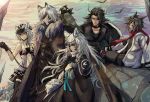  2girls 3boys animal_ears arknights bare_shoulders bird black_gloves black_hair blue_eyes braid cape cliffheart_(arknights) courier_(arknights) cow_ears cow_horns earrings fur_trim gloves grey_eyes grey_eyes grey_hair hat highres horns jewelry long_hair matterhorn_(arknights) multiple_boys multiple_girls nga_(artist) pramanix_(arknights) scarf shorts silverash_(arknights) sitting smile tail turtleneck whip 