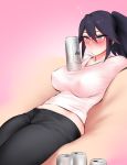  1girl alcohol alternate_costume alternate_hairstyle beer beer_can bespectacled black_hair black_pants blue_eyes blush boku_no_hero_academia breasts can casual commentary drunk eyebrows_visible_through_hair glasses gradient gradient_background hair_between_eyes large_breasts midnight_(boku_no_hero_academia) object_on_breast pants ponytail shirt shpo sidelocks sitting white_shirt 