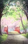  bridge day flower forest funyariko grass highres nature no_humans original outdoors path petals pink_flower scenery tree 