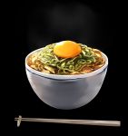  black_background bowl chopstick_rest chopsticks egg_yolk food highres nagishiro_mito original simple_background steam 