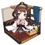  1girl ahoge alakoala boots box brown_hair detached_sleeves double_bun failure_penguin hairband headgear heart heart_hands isometric japanese_clothes kantai_collection kongou_(kantai_collection) long_hair looking_at_viewer ribbon-trimmed_sleeves ribbon_trim simple_background smile solo standing standing_on_one_leg thigh-highs thigh_boots white_background window 