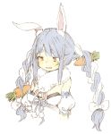  1girl abara_heiki animal_ears arm_cuffs blue_hair blue_neckwear braid breasts carrot carrot_hair_ornament dress eyebrows_visible_through_hair food_themed_hair_ornament fur_scarf hair_ornament hololive long_hair multicolored_hair neck_ribbon off-shoulder_dress off_shoulder rabbit_ears red_eyes ribbon simple_background small_breasts solo tears thick_eyebrows twin_braids twintails two-tone_hair upper_body usada_pekora white_background white_dress white_hair 