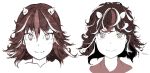  black_hair fangs hi_you_(flying_bear) highres horns kijin_seija looking_at_viewer medium_hair messy_hair monochrome multicolored_hair red_theme revision short_hair simple_background smile streaked_hair touhou white_background 
