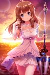  1girl absurdres alternative_girls arimura_shion blue_eyes brown_hair clouds dress eyebrows_visible_through_hair hand_in_hair highres jewelry lance long_hair ocean official_art polearm sky smile standing sunset weapon 