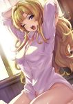  1girl ;o arms_behind_head bed bedroom blonde_hair blouse blue_eyes breasts granblue_fantasy hair_over_shoulder half-closed_eyes indoors kztk large_breasts long_hair looking_at_viewer messy_hair no_panties one_eye_closed sitting solo stretch sunlight tears waking_up white_blouse window wooden_wall yawning zeta_(granblue_fantasy) 
