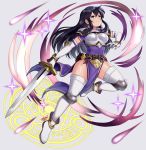  1girl absurdres armor armored_boots arms_up artist_name ayra_(fire_emblem) bangs belt belt_pouch black_hair boots breastplate dress earrings elbow_gloves fire_emblem fire_emblem:_genealogy_of_the_holy_war fire_emblem_heroes full_body gloves grey_background highres holding holding_sword holding_weapon huge_filesize jewelry leg_up long_hair looking_away looking_up open_mouth pauldrons pelvic_curtain pouch sarukaiwolf sheath short_sleeves simple_background solo sword thigh-highs thighs violet_eyes weapon 