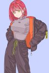  1girl black_jacket black_pants blue_background breasts dende_(dndn222) earrings expressionless grey_shirt highres jacket jewelry long_sleeves looking_at_viewer medium_breasts medium_hair open_clothes open_jacket original pants redhead shirt shirt_tucked_in simple_background sleeves_past_fingers sleeves_past_wrists solo yellow_eyes 