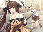  2girls battle_rifle blonde_hair brown_hair fingerless_gloves fur_hat girls_frontline gloves green_eyes gun hat highres m14 m14_(girls_frontline) multiple_girls nagant_m1895 nagant_revolver_(girls_frontline) red_eyes restaurant rifle rynzfrancis school_uniform serafuku trigger_discipline twintails ushanka weapon window 