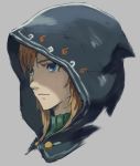  1boy bangs blonde_hair blue_eyes closed_mouth grey_background highres hood hood_up link male_focus na_(oagenosuke) portrait simple_background solo the_legend_of_zelda 