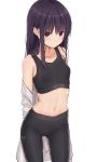  1girl bangs bare_shoulders black_bra black_hair black_legwear blush bra breasts contrapposto cowboy_shot hair_between_eyes highres leggings long_hair looking_at_viewer midriff navel off_shoulder original simple_background small_breasts solo sports_bra stomach sweat underwear undressing violet_eyes white_background zuima 